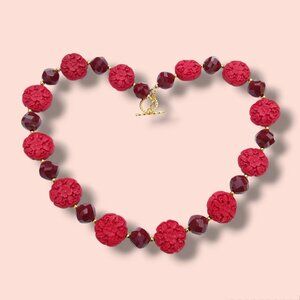 Red Carved Cinnabar Necklace Faceted Glass Ethnic Asian Style 17in Custom OOAK